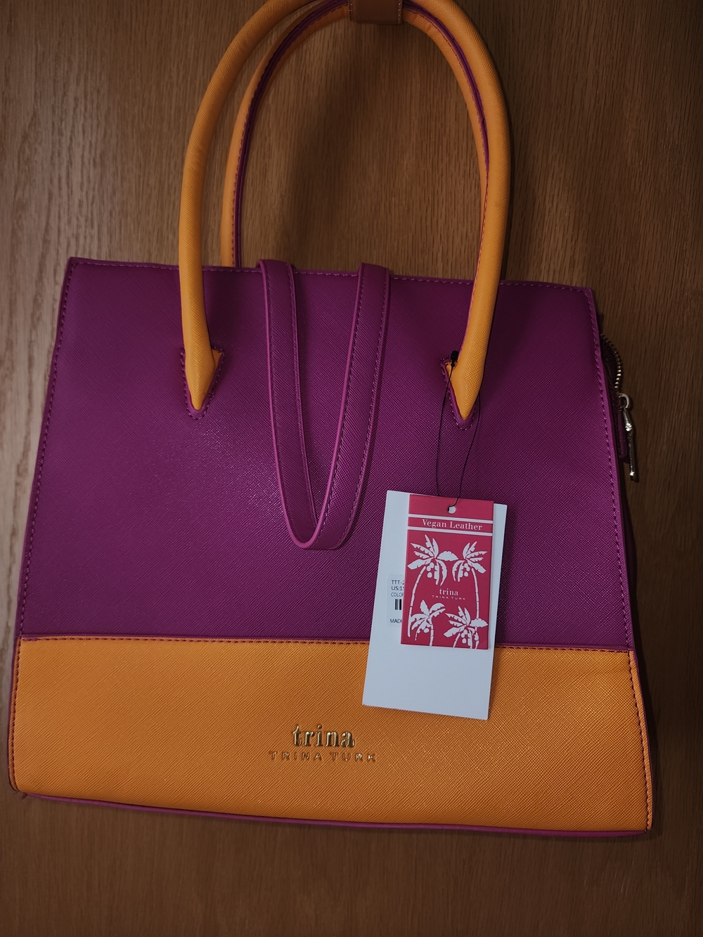 NWT $110 Trina Turk Purple and Orange Colorblock Vegan Tote